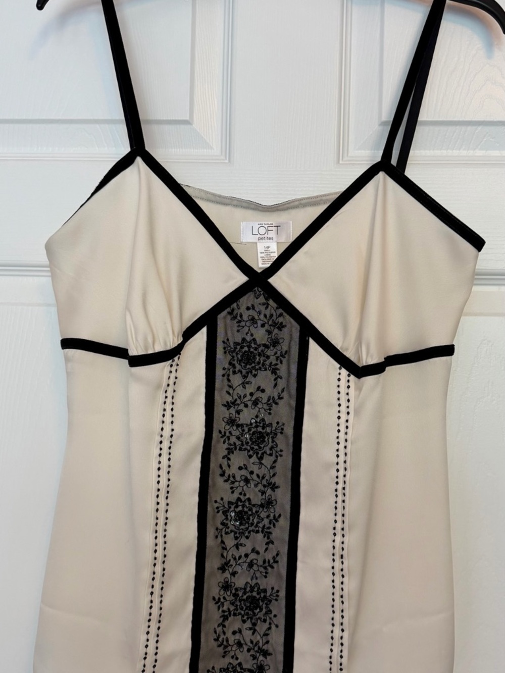 LOFT Petites Cream Slip Dress with Black Trim and Lace